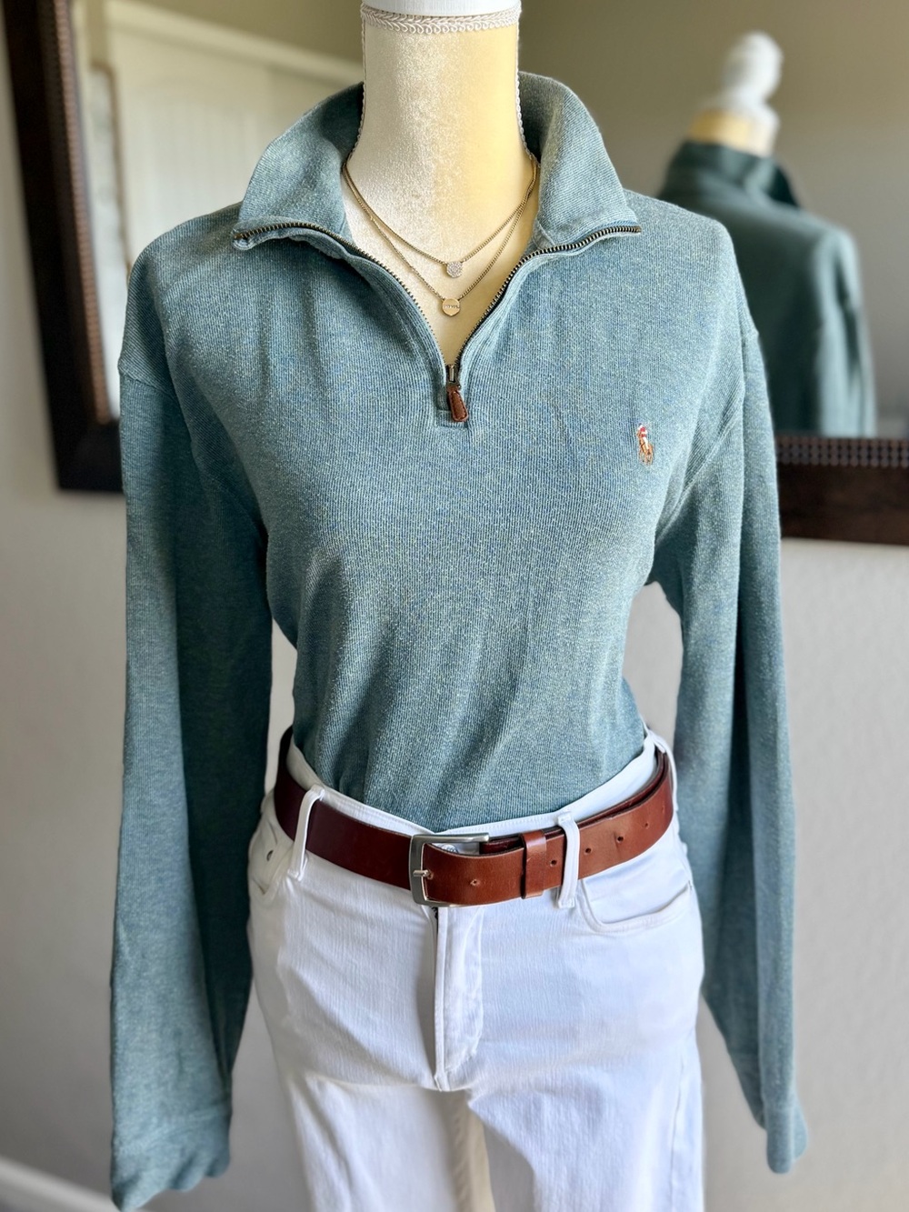 Ralph Lauren Teal Half-Zip Cowl Sweater Unisex Estate Rib